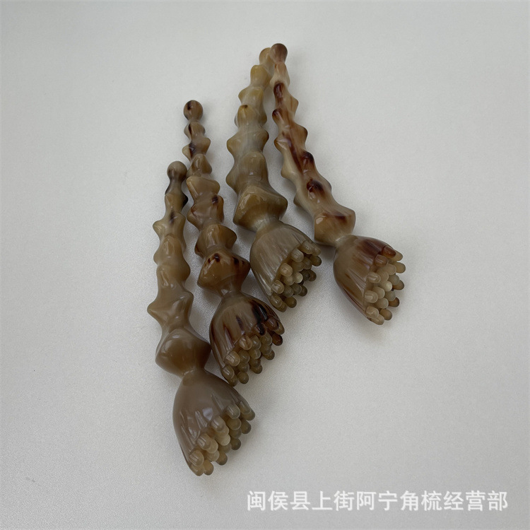 Horn Facial Massage Stick Gujiao Lianpeng 18 Bead Lotus Design Hand Carved Guasha Tool Portable Acupoint Massage Comb - Image 3