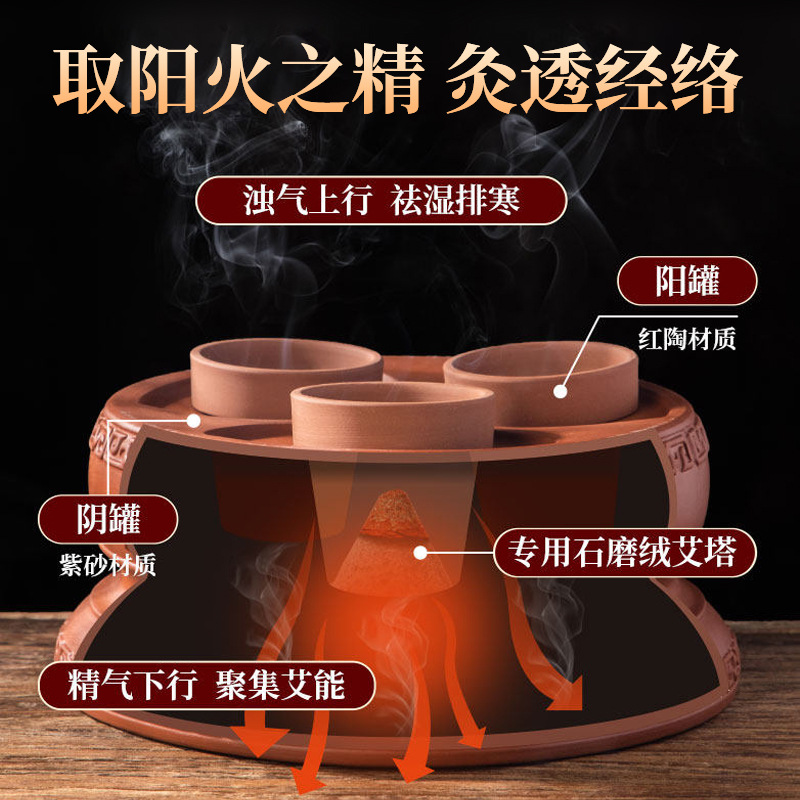 Wufu Moxa Burner Ceramic Navel Moxibustion Jar 2-3 Hole Hanging Moxa Device Home Beauty Use with 20 Stone-Ground Moxa Cones - Image 4