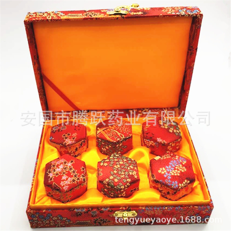 Hexagonal Brocade Gift Box Fabric Covered Cardboard Pill Jewelry Packaging Box Red 6-Insert Buckle Style - Image 3