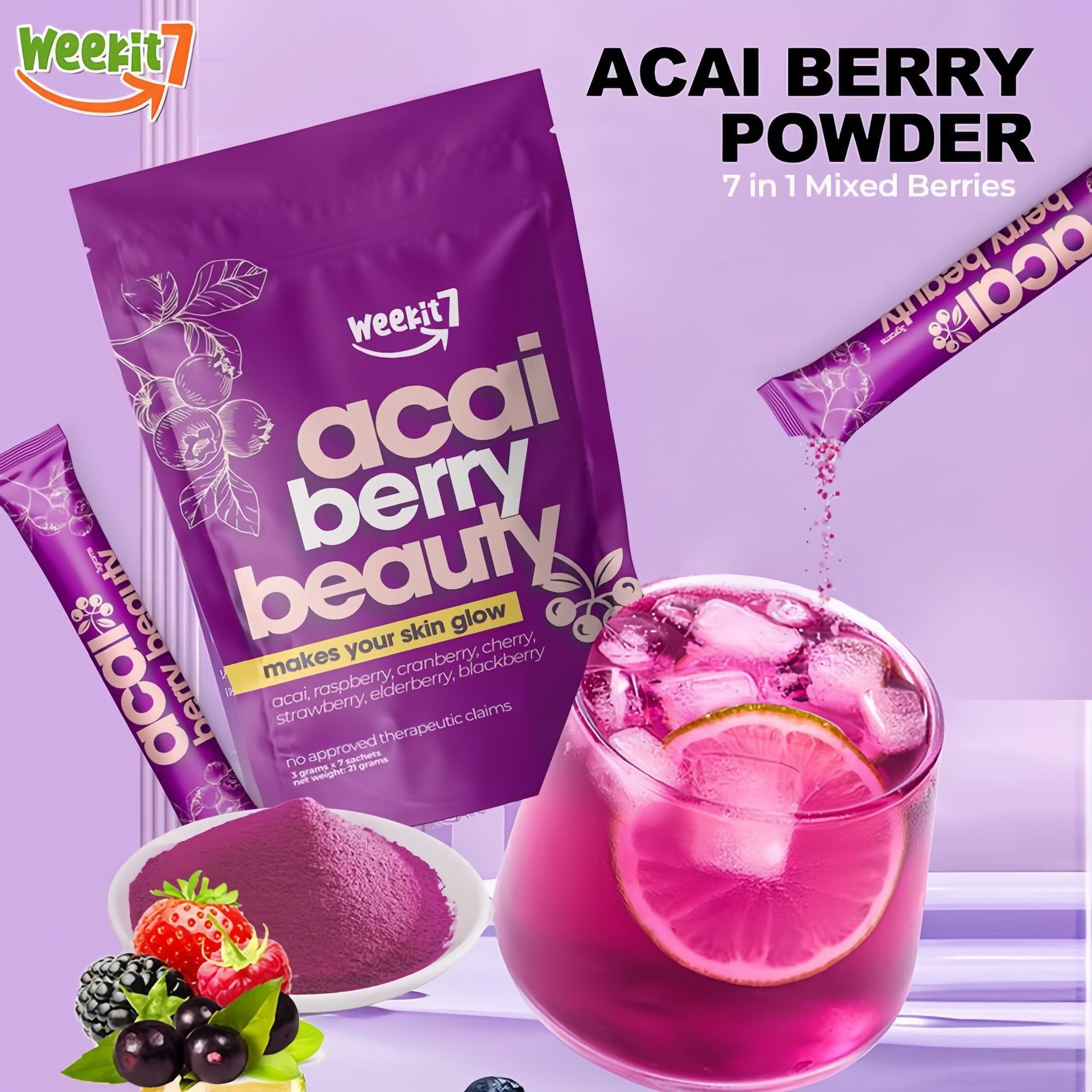 Acai Berry Cranberry Fruit Powder 5g Sachets Healthy Beauty Juice Mix 35g Pack - Image 2