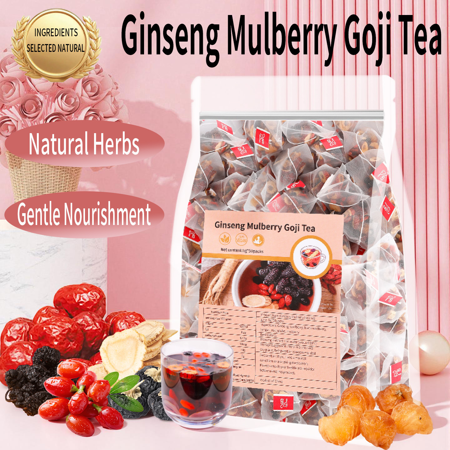 Ginseng Black Goji Mulberry Red Date Longan Wellness Tea Bags 25 Pack Sugar Free Herbal Tea - Image 2