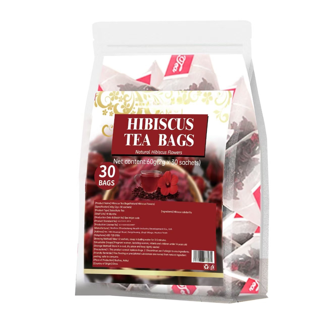 Roselle Hibiscus Tea Bags Luo Shen Hua 30 Individually Wrapped Triangle Bags 60g Sugar Free Herbal Flower Tea - Image 5