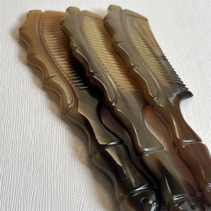 Horn Comb with Bamboo Joint Handle Hand Carved Fine Teeth Guasha Meridian Massage Comb 20cm - Image 3