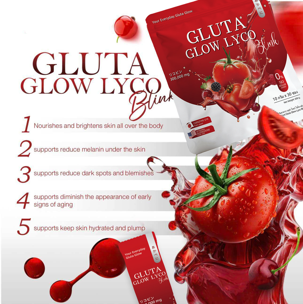Gluta Glow Lycopene Powder 10g x 30 Sachets Sugar-Free Antioxidant Drink Mix 300g - Image 4