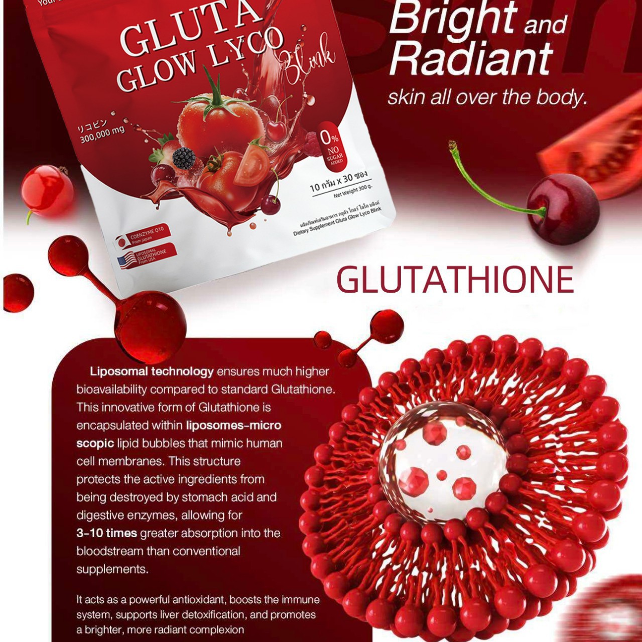 Gluta Glow Lycopene Powder 10g x 30 Sachets Sugar-Free Antioxidant Drink Mix 300g - Image 3