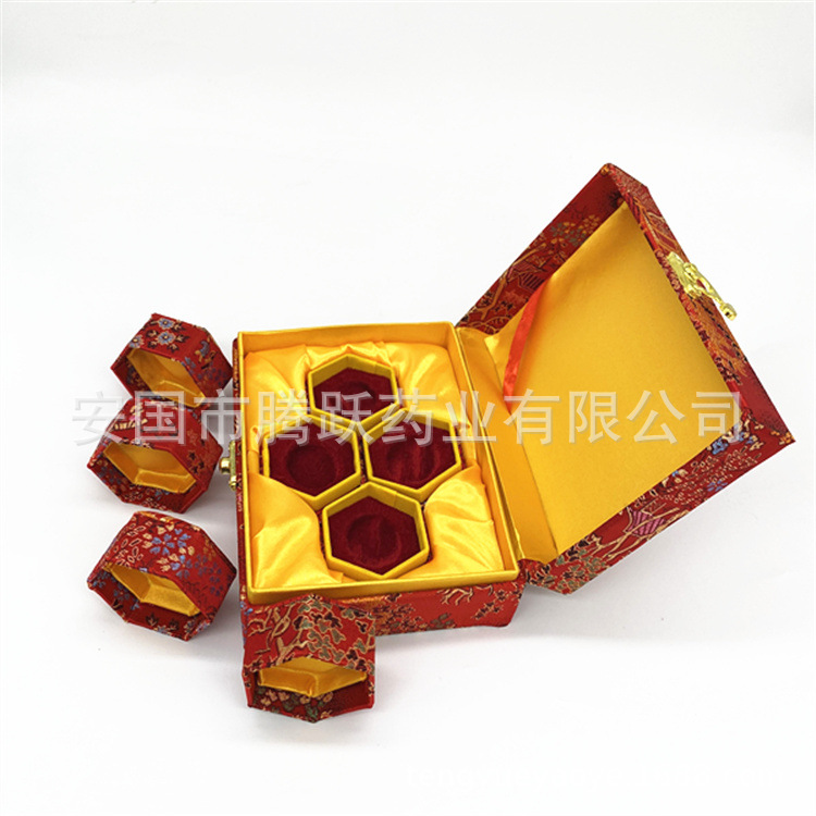 Hexagonal Brocade Gift Box Set of 4 Jewelry Packaging Boxes Red and Yellow Dragon Water Town Designs 16x12x6.5 cm - Image 2