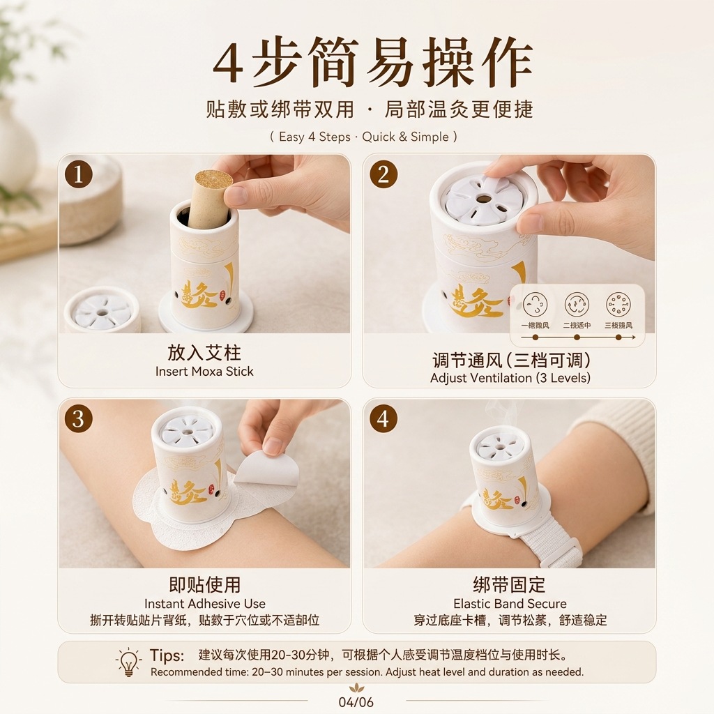 Mini Hanging Moxa Tube Set 6 Pack Reusable Moxibustion Box with Stickers Moxa Cones Bands and Pads - Image 3