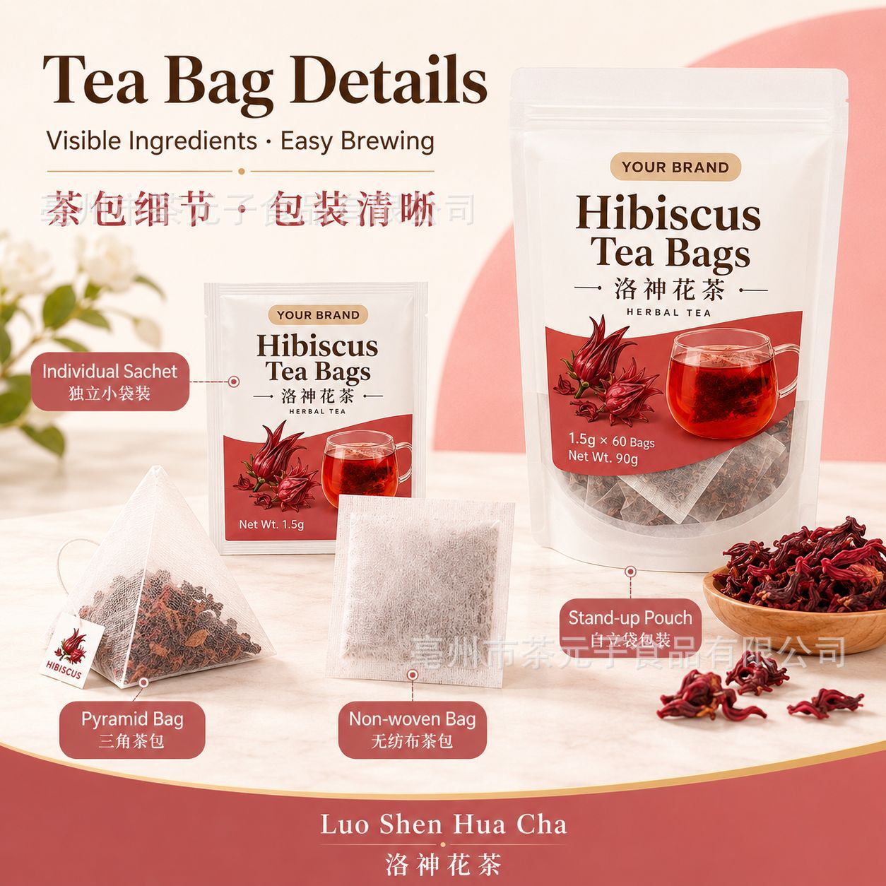 Hibiscus Tea Bags Luo Shen Hua 洛神花 Dried Roselle Flower Herbal Tea 60 Bags 90g Caffeine Free - Image 3