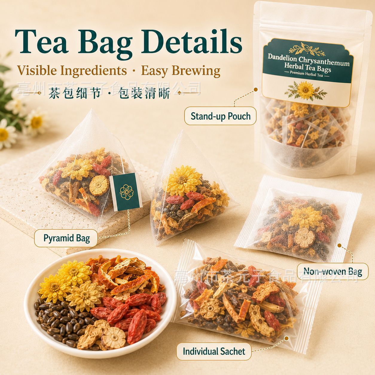 Dandelion Leaf and Root Tea with Chrysanthemum Cassia Seed Goji Berry 120g 12 Bags - Image 3