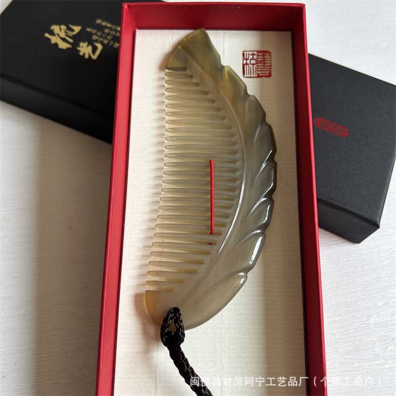 Hand Carved Horn Meridian Comb Long Handle Gift Box Holiday Business Gift - Image 2