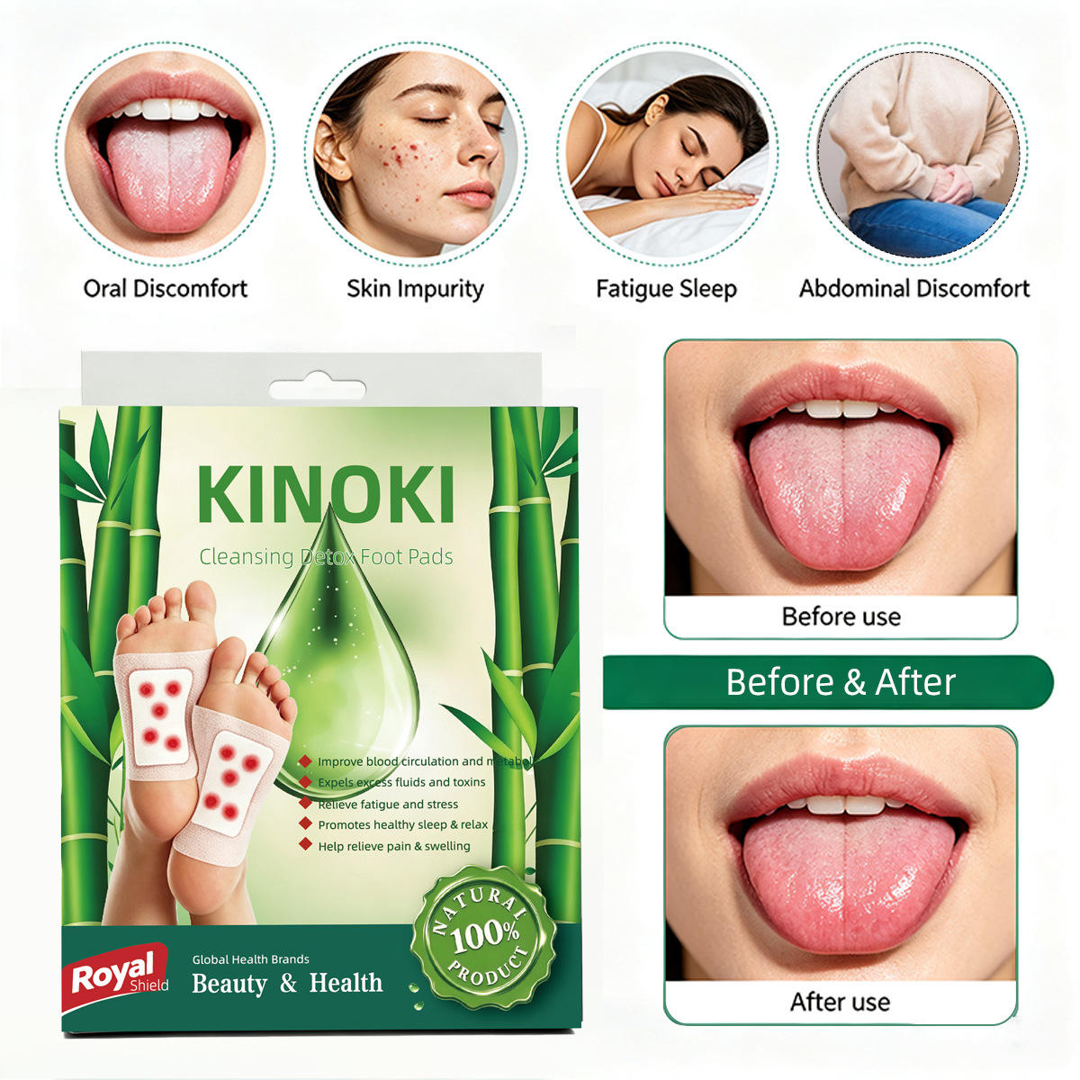 Kinoki Foot Patches with Mugwort and Bamboo Vinegar Gold Foil Foot Care 10 Patches per Box - Image 2