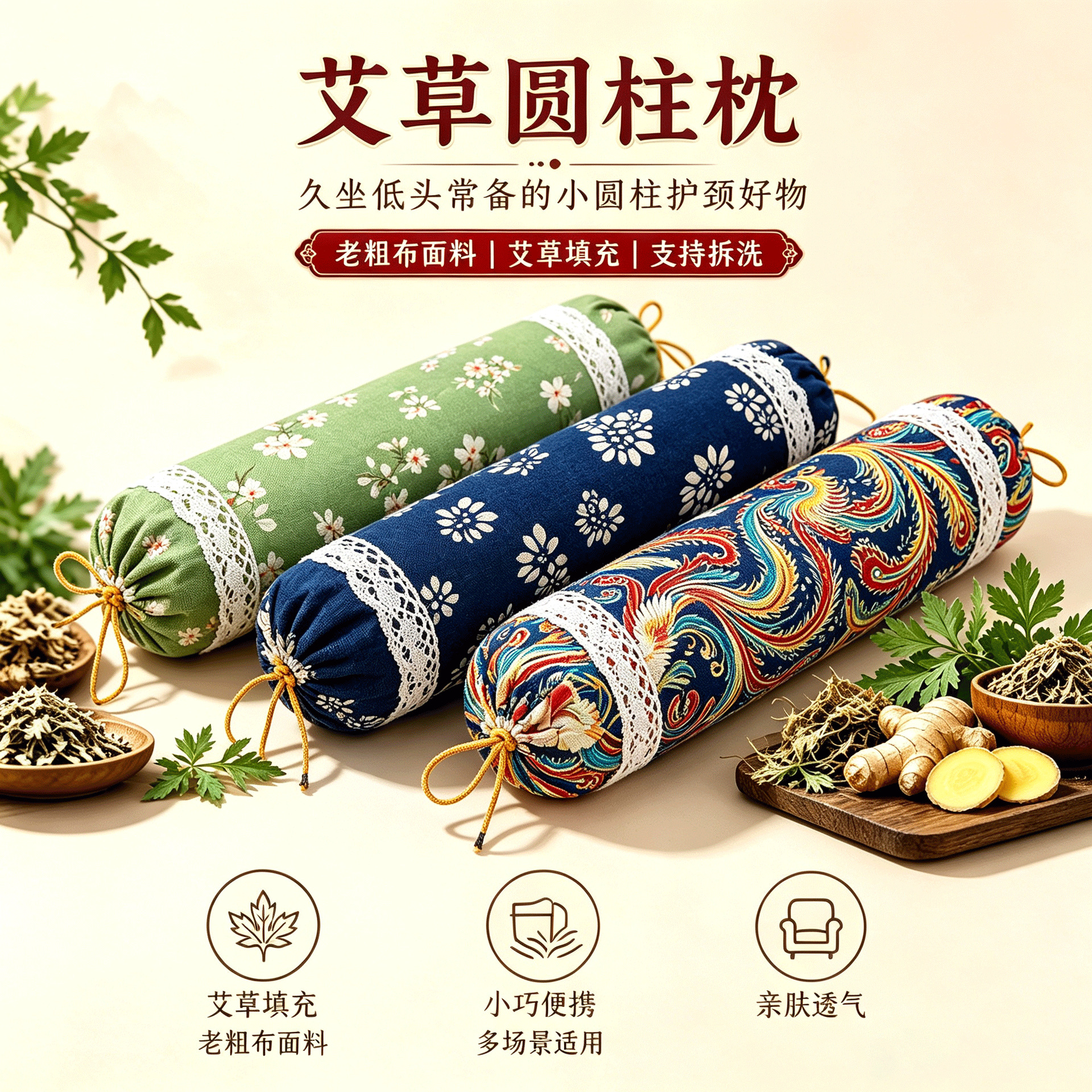 Ai Cao Mugwort Cervical Pillow Cylindrical Neck Support Pillow Washable Cover Home Use - Image 2
