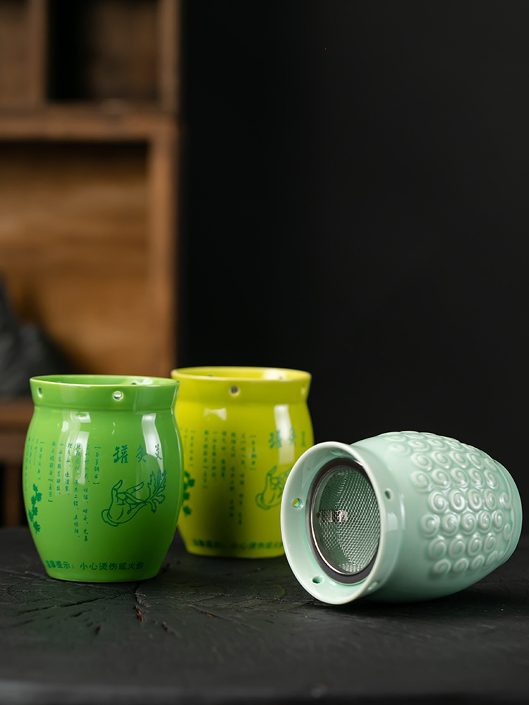 Ceramic Moxibustion Cup with Gua Sha Massage Beads Jade Green Wellness Tool with Dust Cover and Cloth Sleeve - Image 3