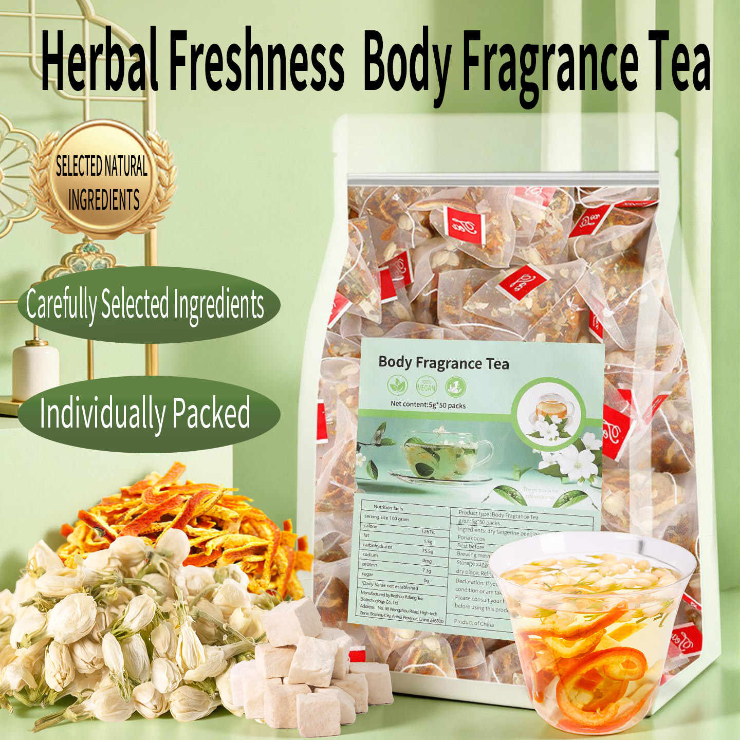 Jasmine Tea with Poria and Tangerine Peel Fu Ling Ju Pi Cha Pyramid Tea Bags 10 Pack 50g Sugar Free - Image 2
