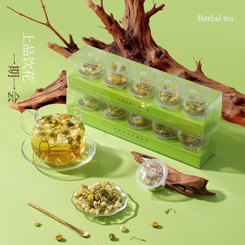 Three Flower Tea San Hua Cha Honeysuckle Jasmine Chrysanthemum Blend 10g Mini Jar Hot Brew Herbal Tea - Image 3