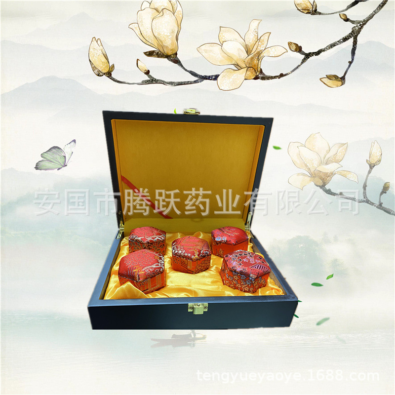 Wooden Gift Box Empty Brocade Lined Red Yellow for Herbal Pills Jewelry Storage 21cm - Image 4