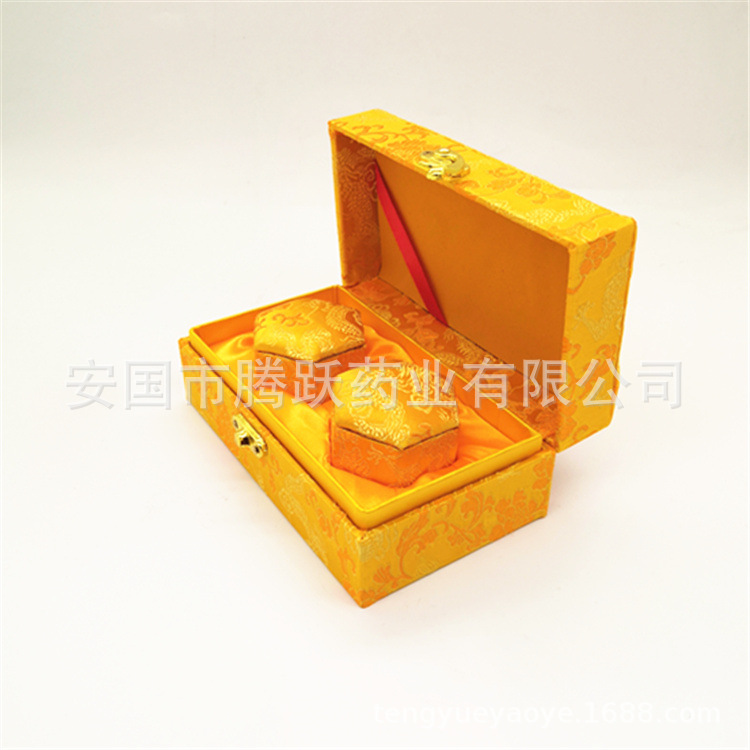 Yellow Brocade Gift Box Hexagonal Empty Pill Box Set of 2 for Herbal Balls and Presents - Image 2