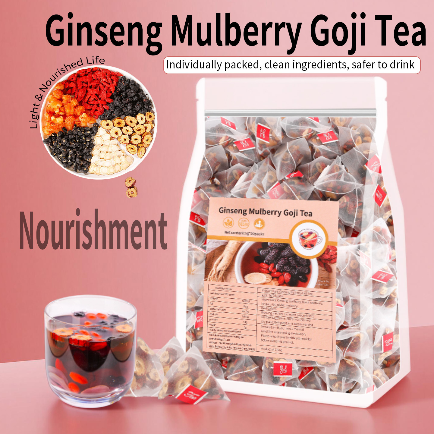 Ginseng Black Goji Mulberry Red Date Longan Wellness Tea Bags 25 Pack Sugar Free Herbal Tea - Image 3