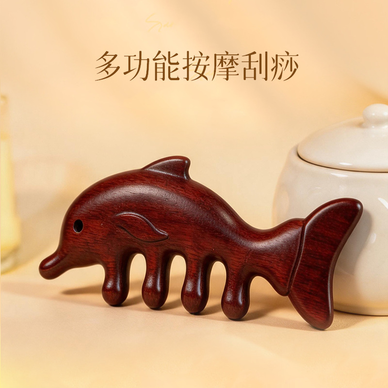 Dolphin Shaped Sandalwood Meridian Massage Comb Wide Teeth Wooden Scalp Gua Sha Head Therapy Tool 11.5x5cm - Image 3