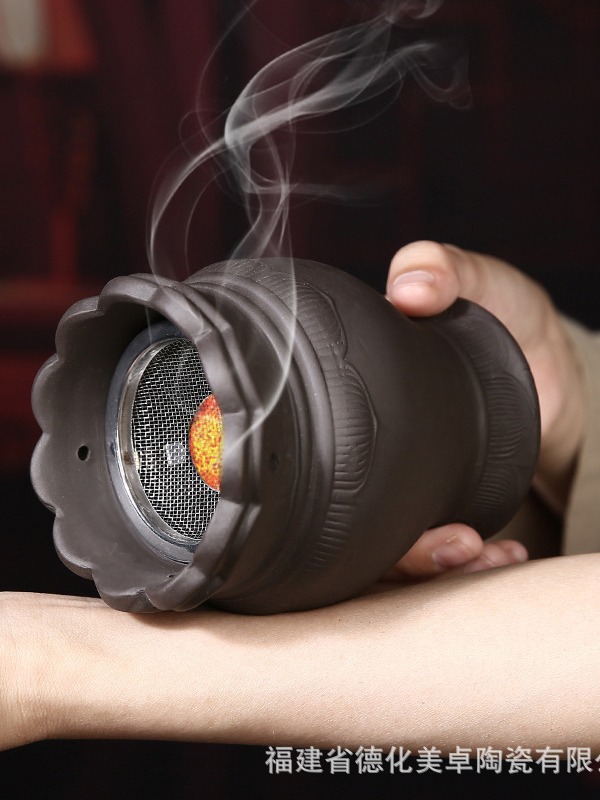 Purple Clay Fire Dragon Moxa Jar Double Layer Heat Shield Guasha Warm Moxibustion Tool 11.5cm with 220ml Oil - Image 4