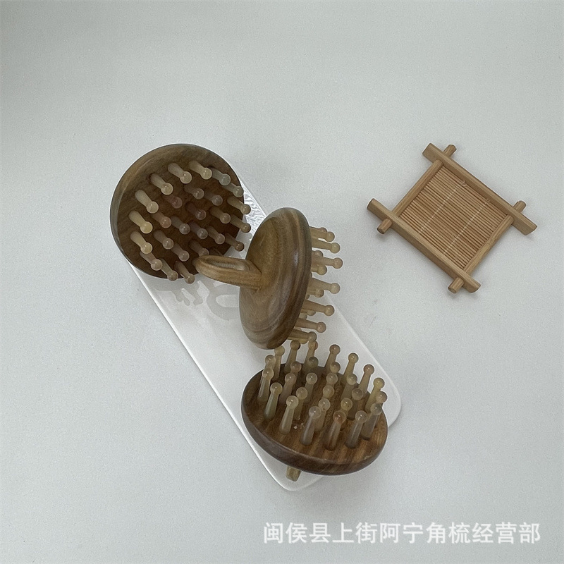 Green Sandalwood Horn Massage Comb 28-Pin Scalp Meridian Brush Portable Head Therapy Tool - Image 2