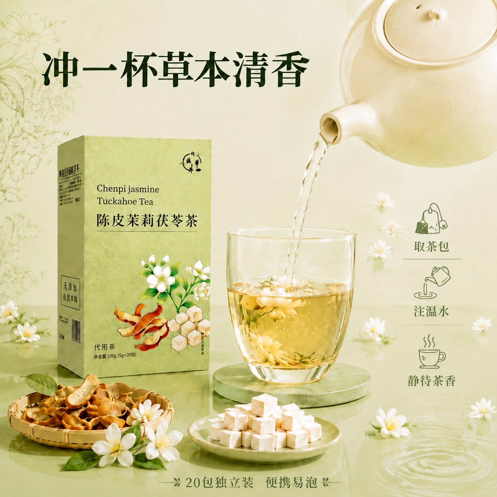 Tangerine Peel Jasmine Poria Herbal Tea Chen Pi Fu Ling Tea Bags 100g 20 Individual Sachets - Image 4