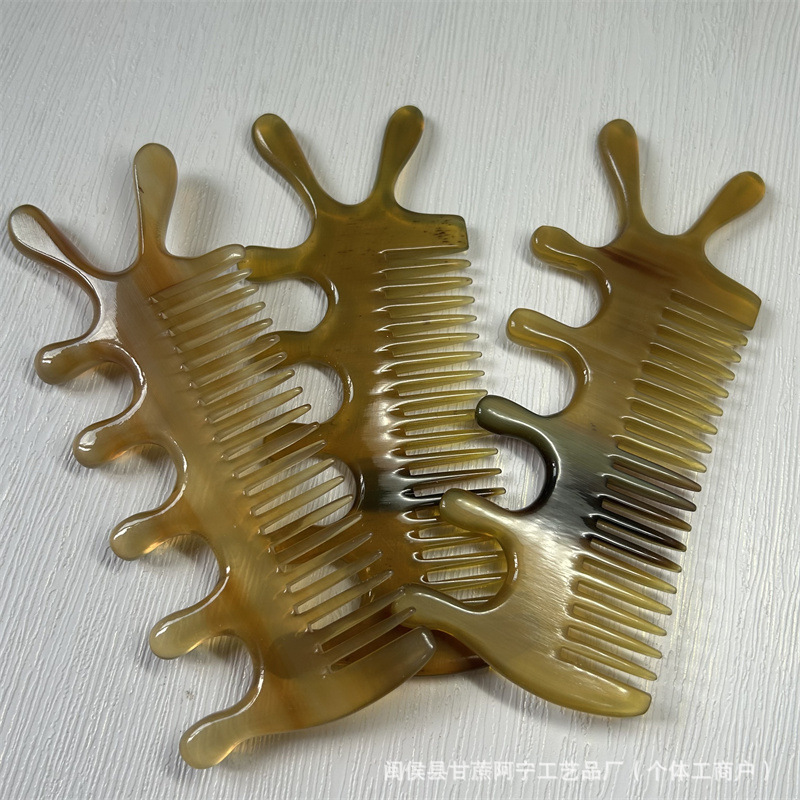 Natural Horn Comb Double Sided Five Tooth Scalp Massage Comb Head Meridian Gua Sha Style 10-15CM - Image 2