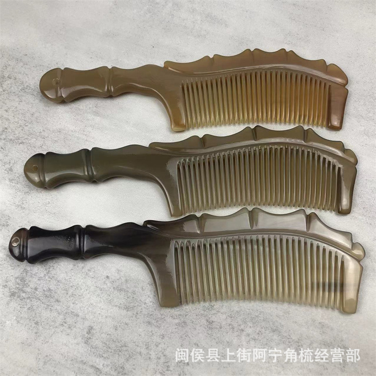 Handmade Horn Comb Bamboo Joint Handle Fine Teeth Carved Thick Round Grip 20cm - Image 4
