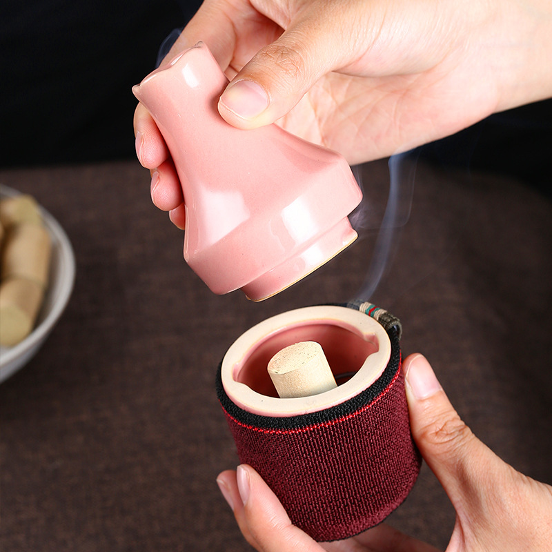 Ceramic Peach Blossom Moxibustion Jar Facial Warming Tool with Cloth Cover and Ash Guard - Image 3