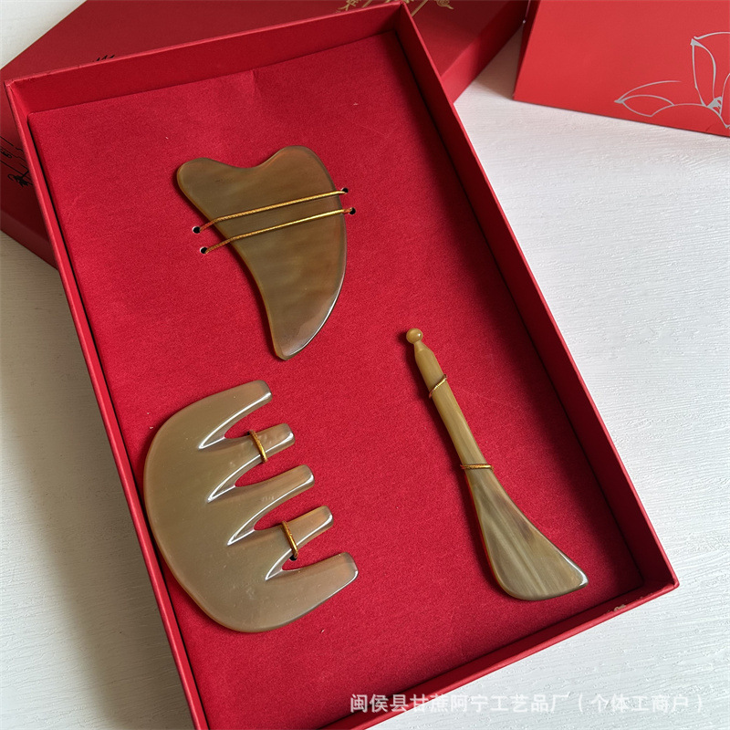 Horn Gua Sha Head Massage Tool Set 3 Piece Guasha Scraping Board for Scalp and Face Care Gift Box - Image 3