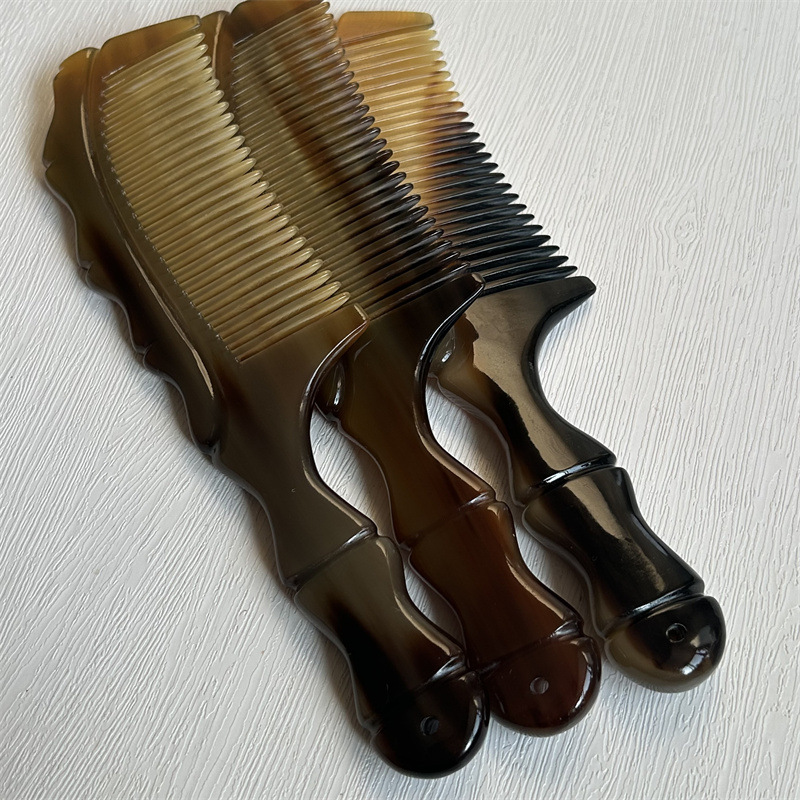 Horn Comb with Bamboo Joint Handle Hand Carved Fine Teeth Guasha Meridian Massage Comb 20cm - Image 2